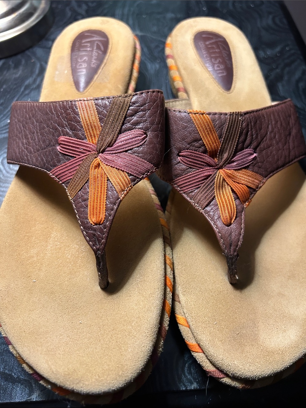 Artisan Brown Leather Thong Sandals with Orange & Pink Ribbon Detail